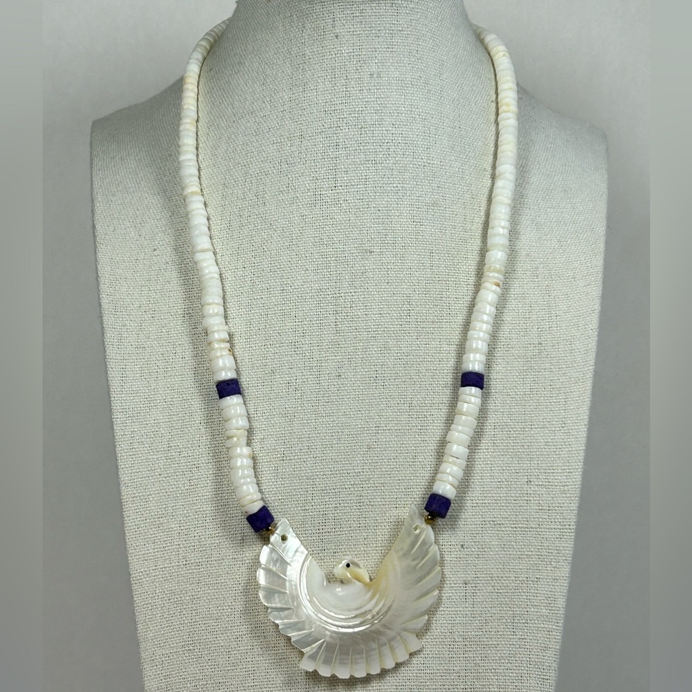 Vintage Fetish hand carved mother of pearl eagle puka shell heishi necklace